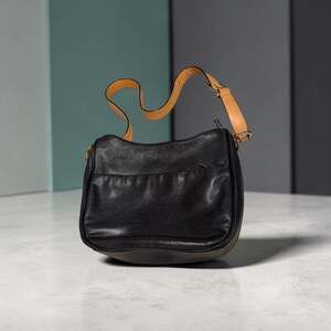 Kesslord Paris France Black Pebbled Leather Shoulder Bag with Tan Strap